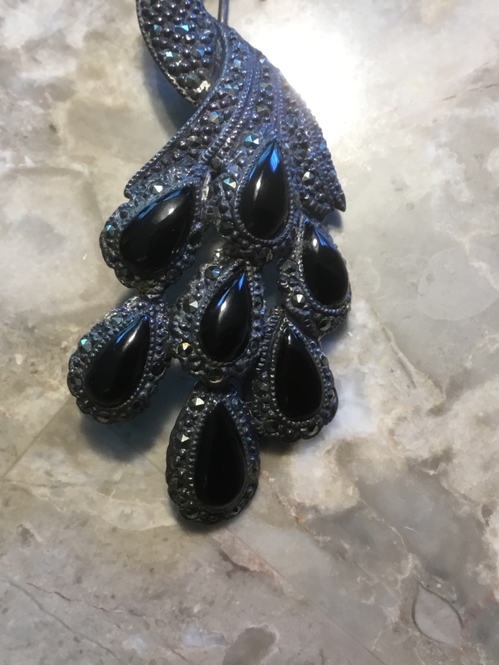 Sterling 925 ONYX Peacock Brooch (latch hook missing) - Picture 4 of 11